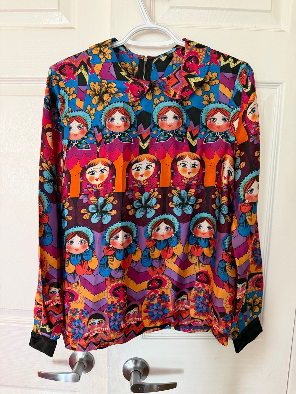 Vibrant Multicolor Matryoshka Print Long-Sleeve Blouse
